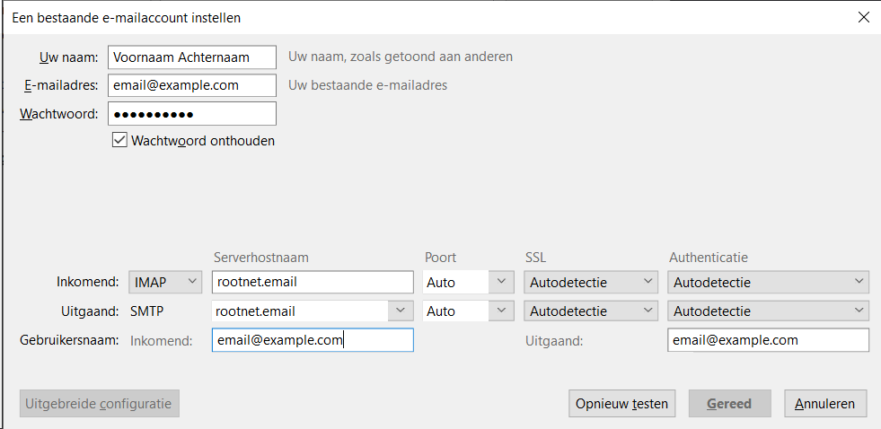 Thunderbord voorbeeld instellingen